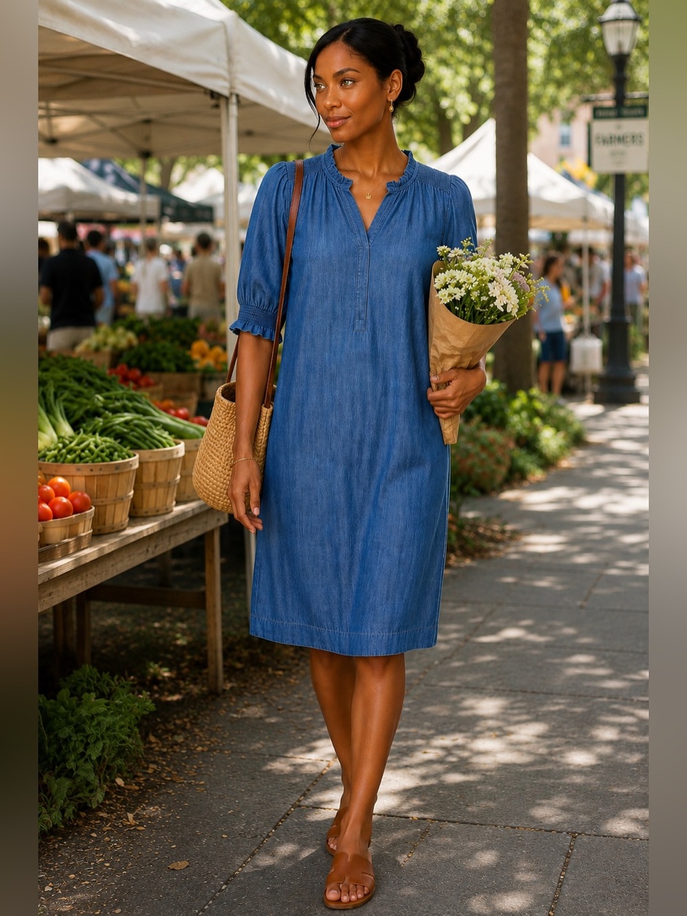 Talbots Chambray Tencel Shift Dress Blue Ruffle Sleeve Size L NWT - Picture 6 of 14